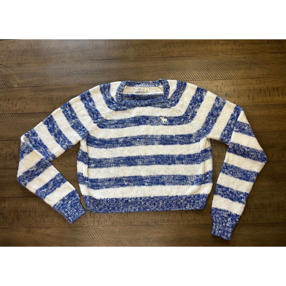Abercrombie & Fitch Blue White Striped Knit Cropped Sweater Large Logo